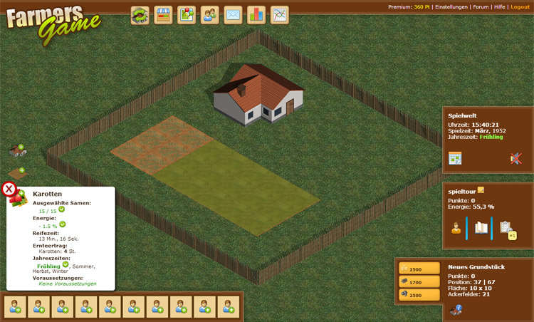 Ansicht deiner virtuellen Farm mit ausgewähltem Säwerkzeug.